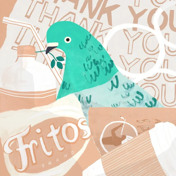 A colorful illustration of a pigeon carrying a leaf in its beak, surrounded by snack items like a bag of Fritos, a drink, and a sandwich, with a background of patterned text.