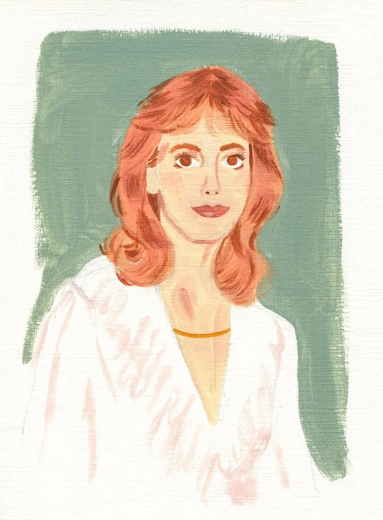 Painting of a woman with shoulder-length reddish hair, wearing a white top and a gold necklace, against a green background.