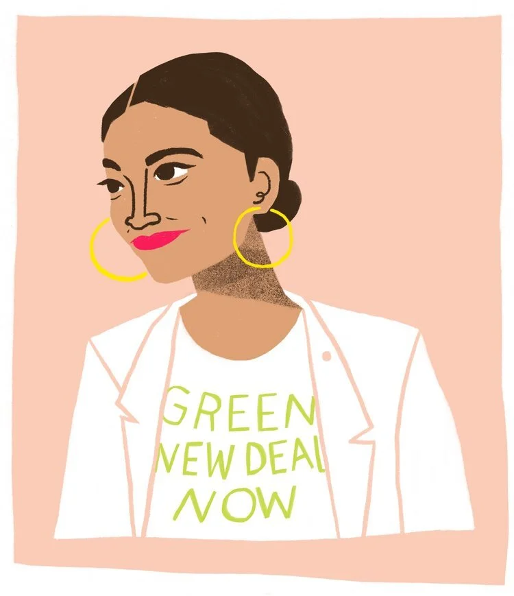 Illustration of a woman with dark hair, wearing large yellow hoop earrings and a white blazer, with a white T-shirt that reads 'GREEN NEW DEAL NOW' in green letters. The background is light pink.