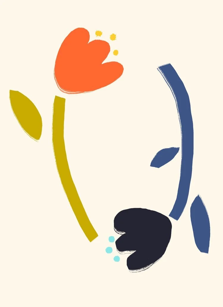 Abstract artwork with colorful shapes resembling a flower, face, or plant, featuring red, blue, green, black, and yellow elements.