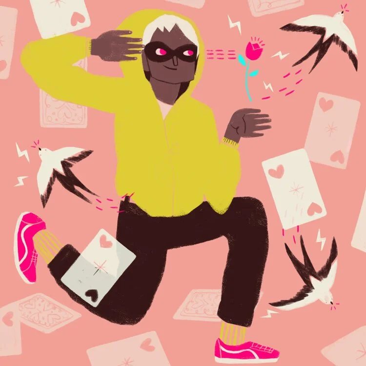 A cartoon person with white hair, wearing a yellow hoodie, black mask with pink eyes, black pants, and pink shoes. They are surrounded by playing cards, birds, a pink flower, and lightning bolts on a pink background.