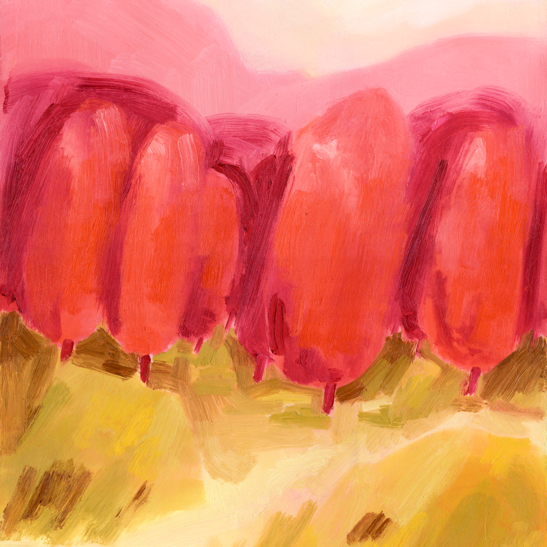 Abstract painting with pink and red tulips against a yellow background.