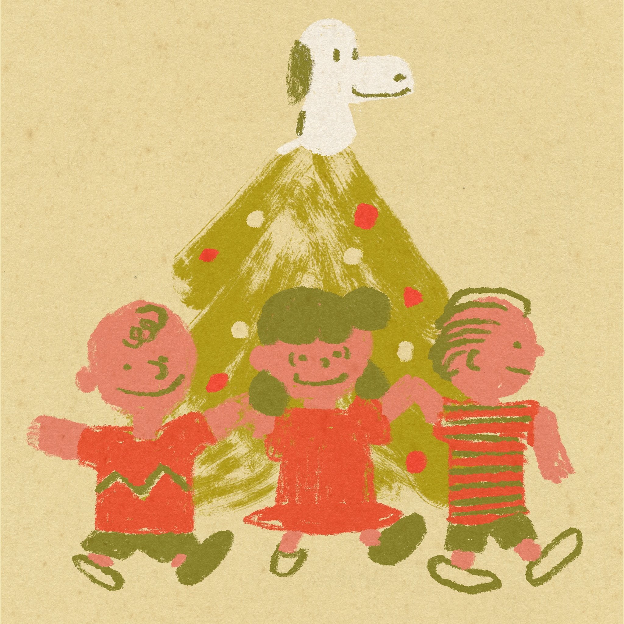 A stylized, abstract drawing of Santa Claus wearing a green and red coat with white and red polka dots, with a white beard and a small white pompom on the coat's collar, standing on a beige background.