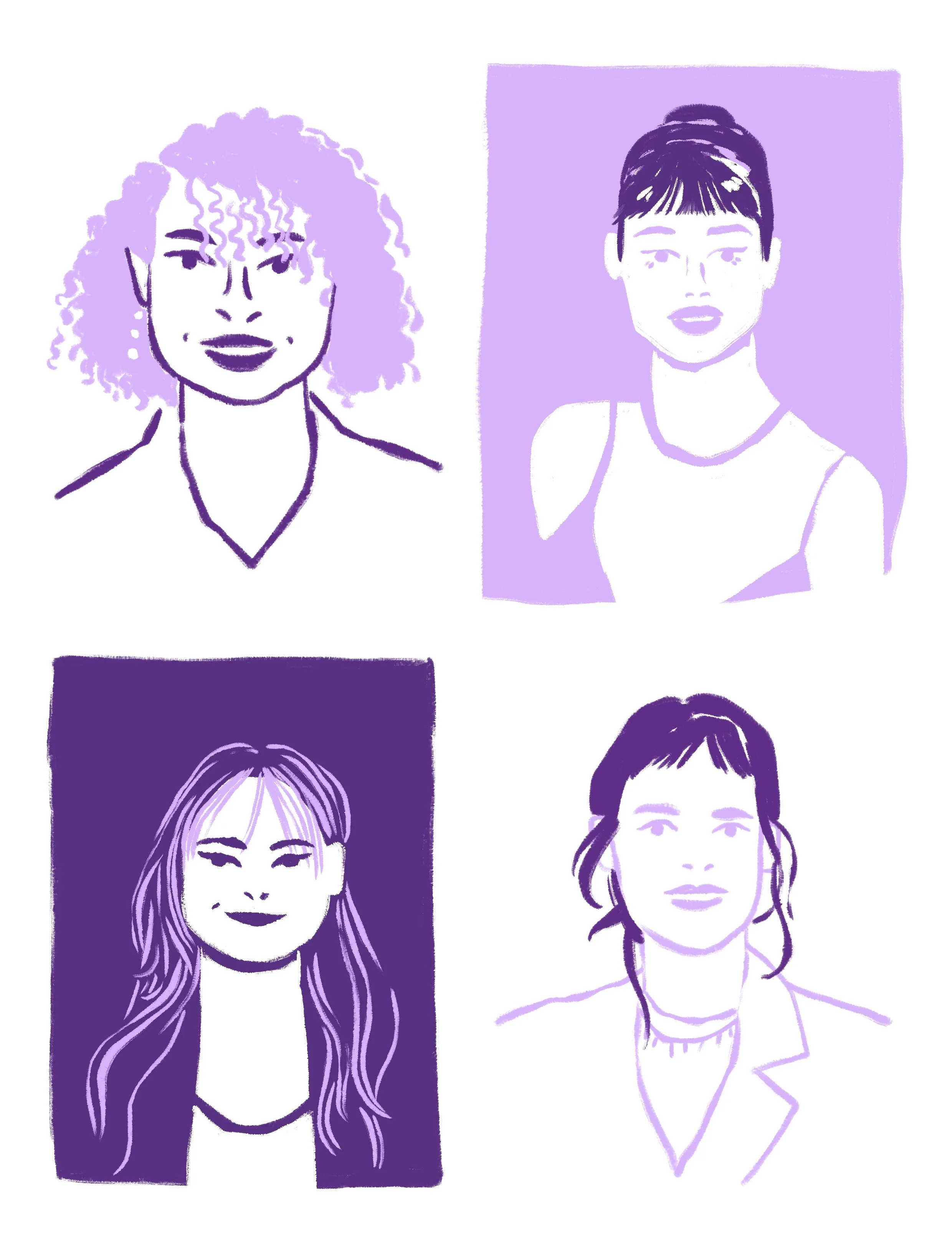 Four digital illustrations of women, each with different hairstyles and expressions, with purple backgrounds and line art style.