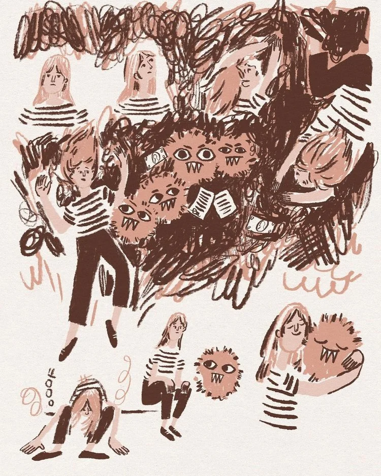 An illustration of a girl with long hair in a striped shirt surrounded by cartoonish monsters with multiple eyes and sharp teeth, some holding books, with other girls with long hair and striped shirts in the background, and a girl doing a handstand i
