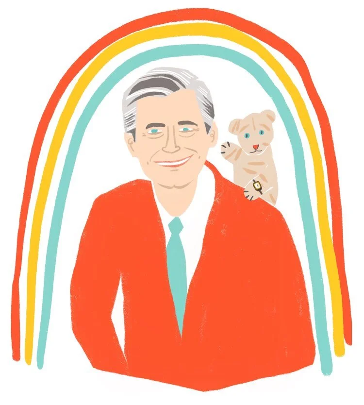 Illustration of a smiling man in a red suit with a turquoise tie, a small dog on his shoulder, and a rainbow in the background.