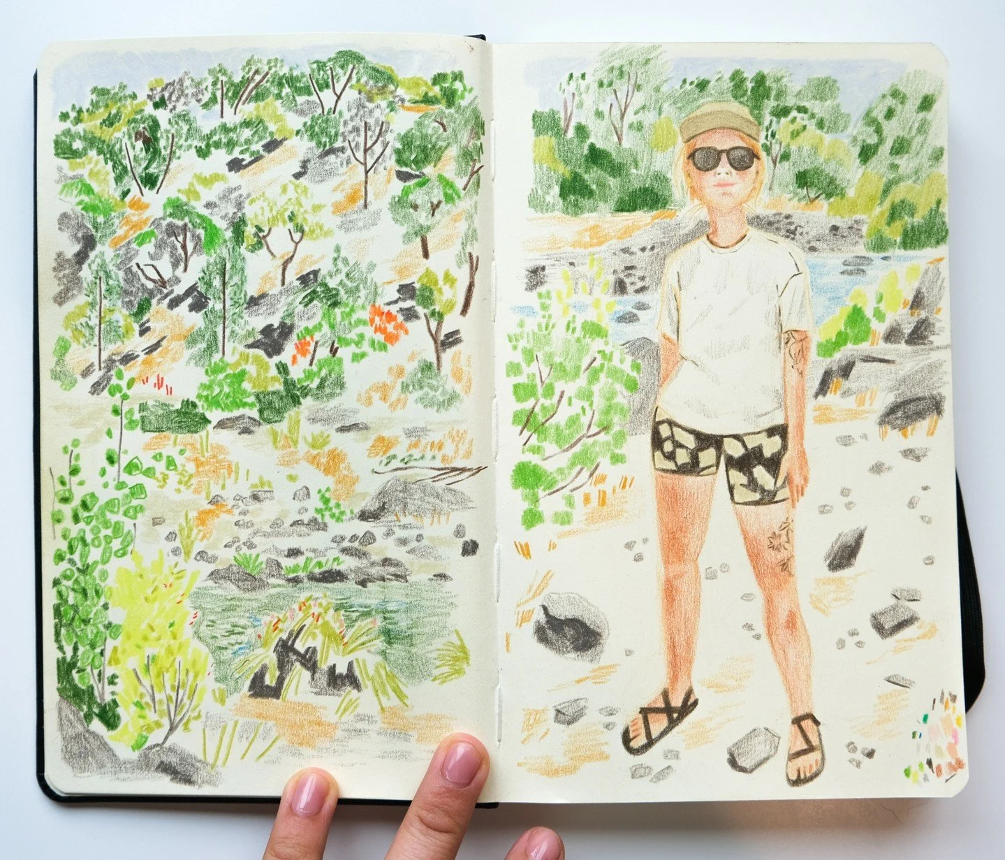A colorful drawing of a woman standing outdoors near a river with green trees and rocks in the background. She is wearing sunglasses, a light-colored T-shirt, patterned shorts, and sandals.