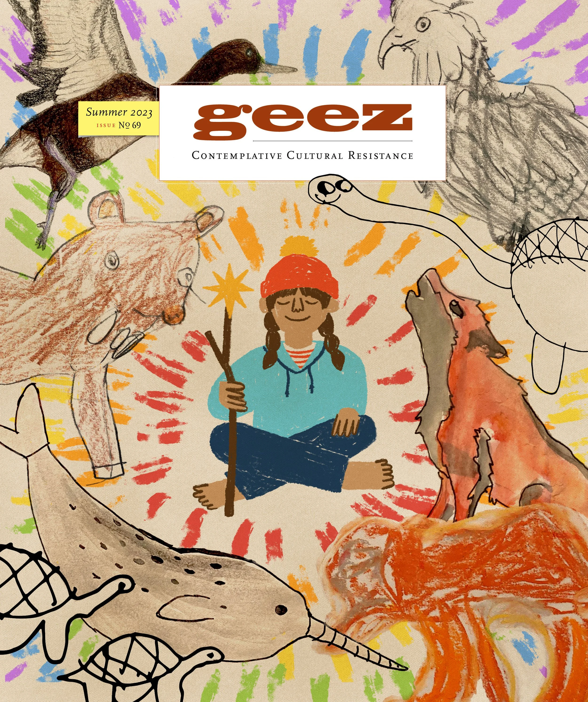 Illustration featuring a variety of animals such as a dolphin, a bear, a giraffe, an ostrich, a wolf, a fox, and a bear, surrounding a smiling girl with two braids holding a lit sparkler. The background is colorful with abstract strokes of purple, bl