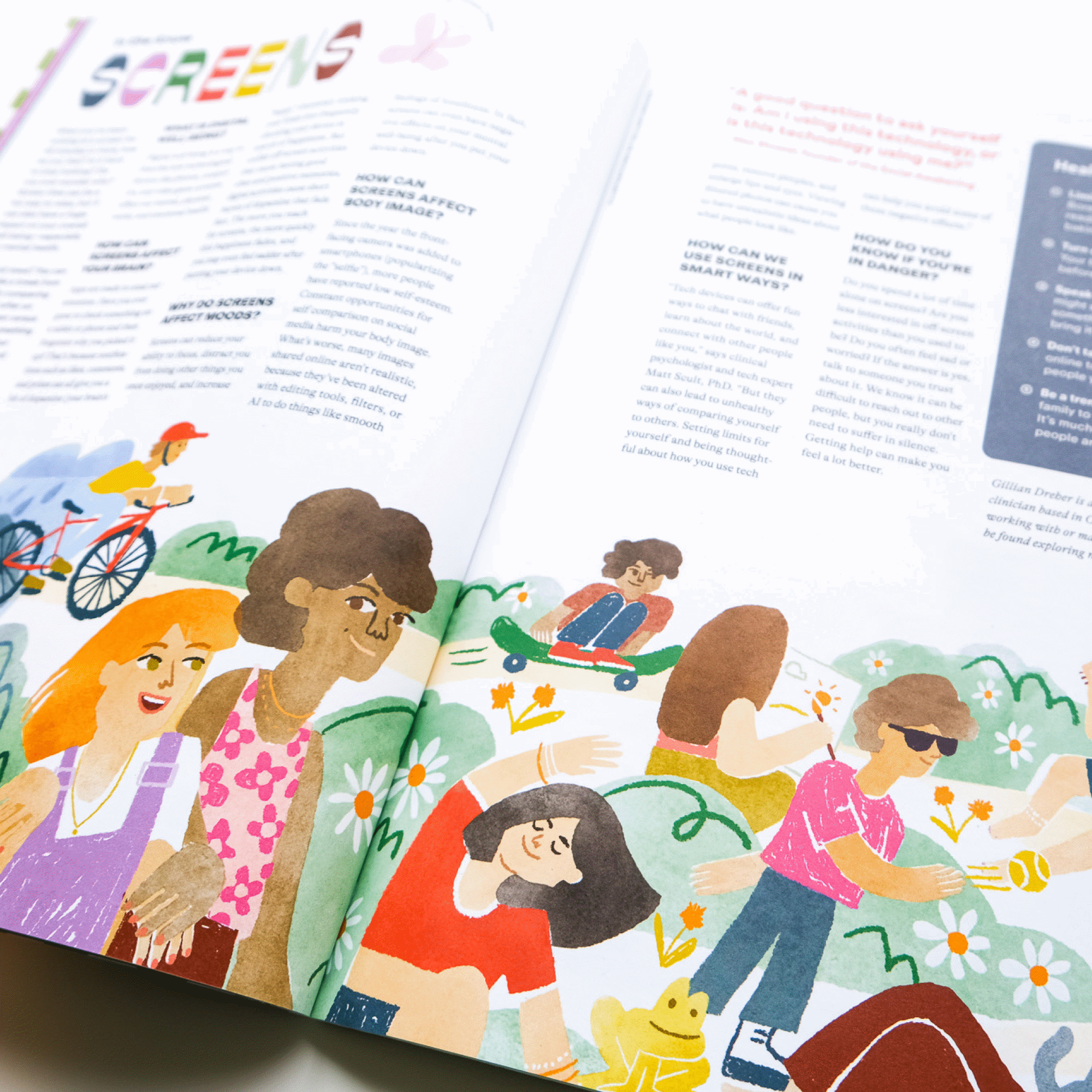 Colorful illustrated children playing outdoors, riding bikes, skateboarding, and enjoying nature, with pages containing text about screens and body image.