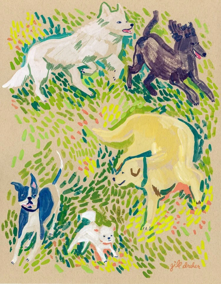 Colorful illustration of six dogs of various breeds on a grassy background.