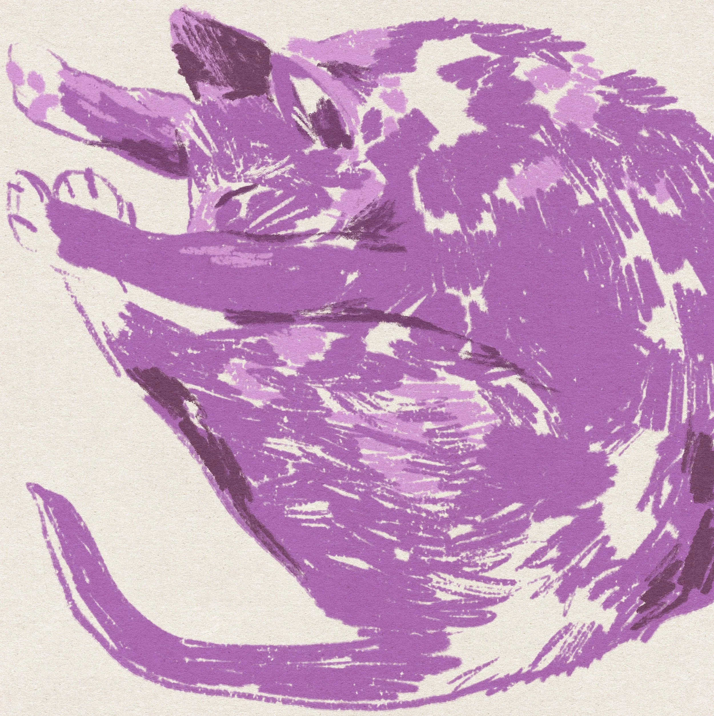A purple flower illustrated with bold, expressive brush strokes.