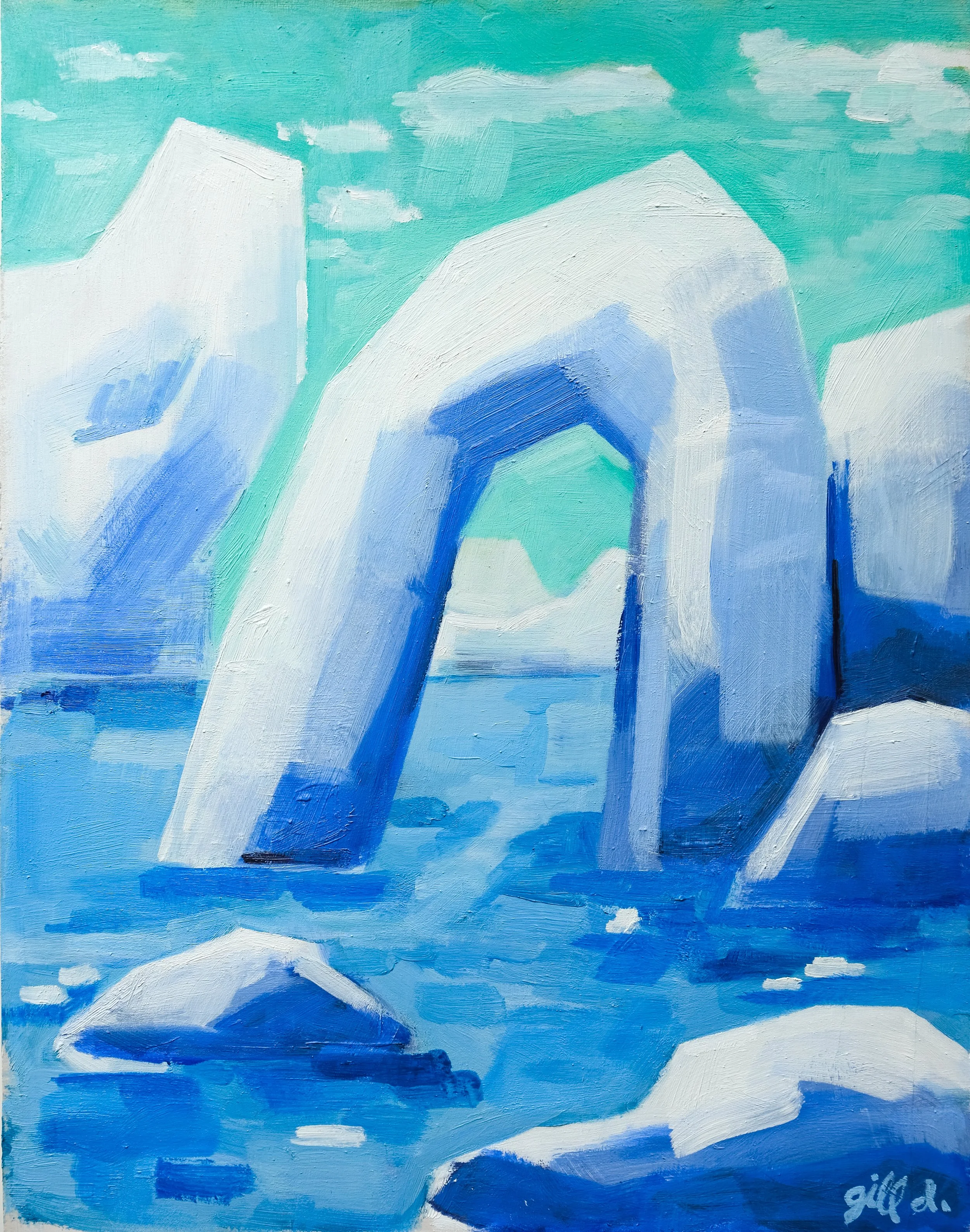 Abstract painting with shades of blue, white, and teal depicting Arctic icebergs and a sky with clouds.