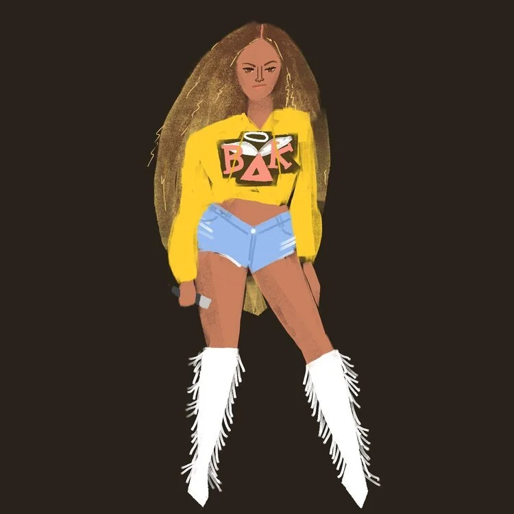 Illustration of a confident young woman with long hair, wearing a yellow jacket, a shirt with Greek letters, short denim shorts, and white thigh-high boots with fringe. She holds a microphone in her right hand.
