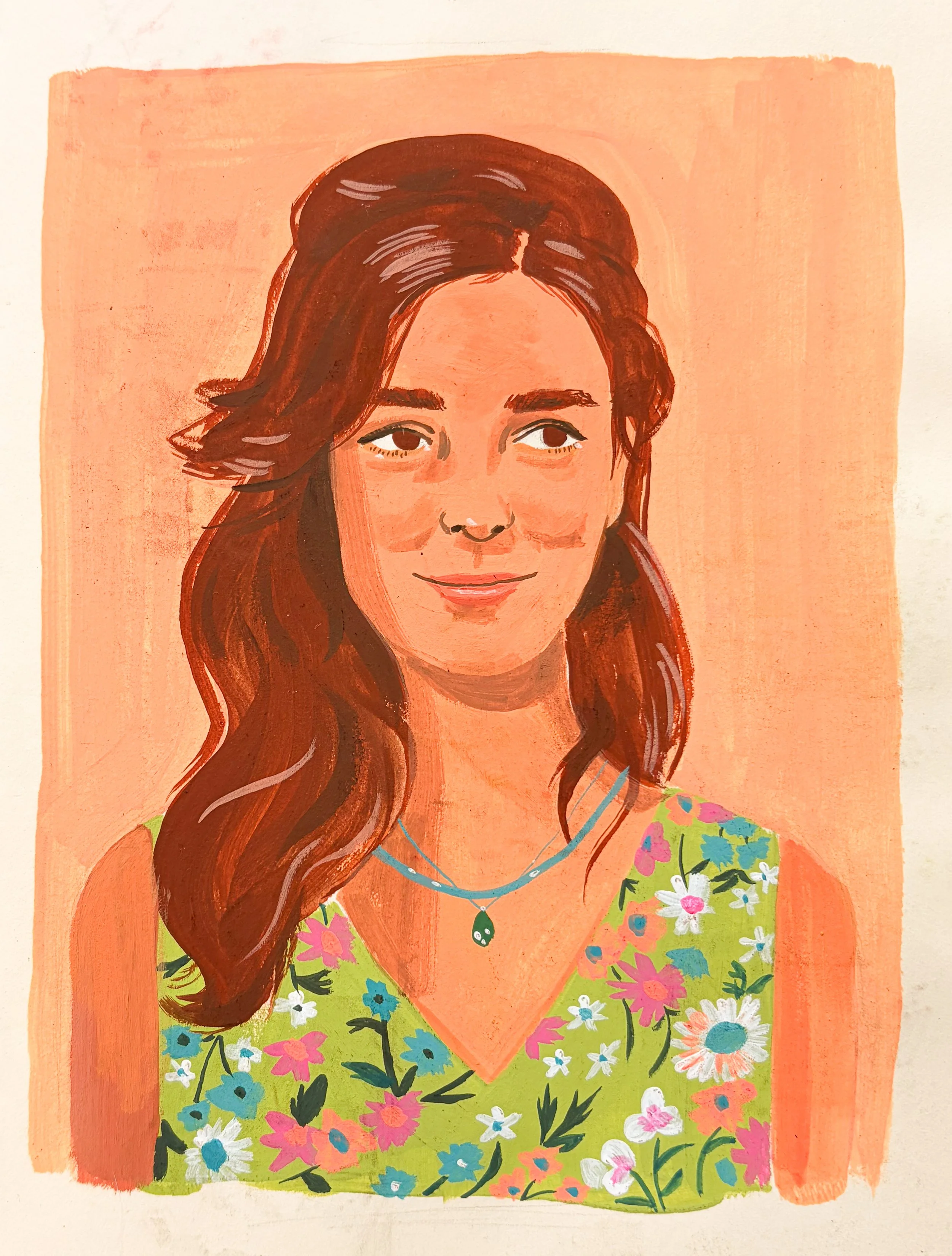 A painted portrait of a woman with long brown hair, wearing a green floral dress with pink, white, and blue flowers, and a blue necklace with a green pendant, against a peach-colored background.