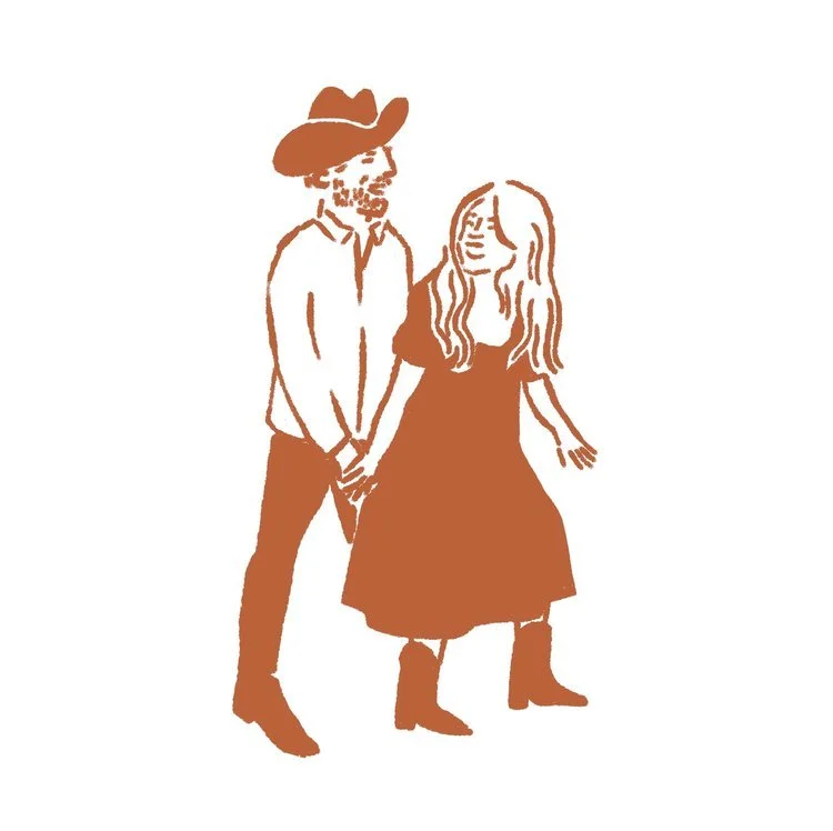 Silhouette illustration of a man and woman holding hands, with the man wearing a cowboy hat and the woman in a long dress and boots.
