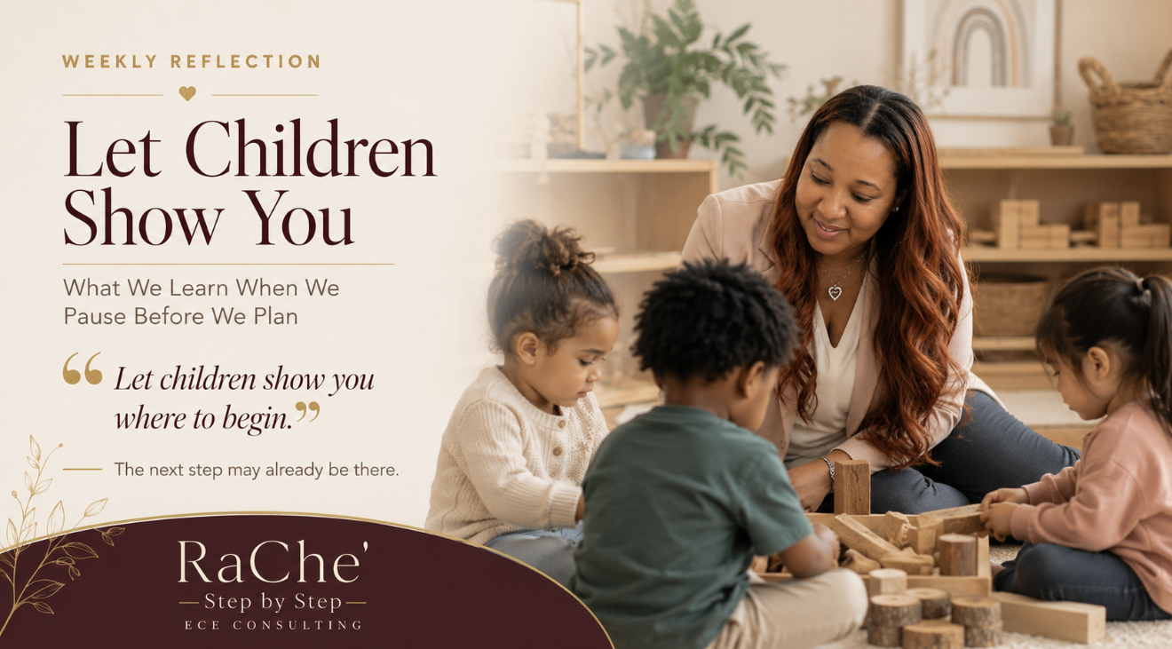 RaChe’ sits with three young children in a warm early childhood classroom as they explore and build with natural wooden materials. The image reflects responsive teaching, thoughtful observation, and allowing children’s interests to help guide the next step in learning.