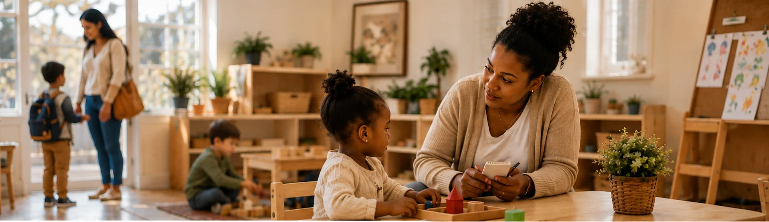 A diverse preschool classroom during arrival as an educator thoughtfully engages with a child while a family member and another child are visible nearby, reflecting family communication, observation, and connection.