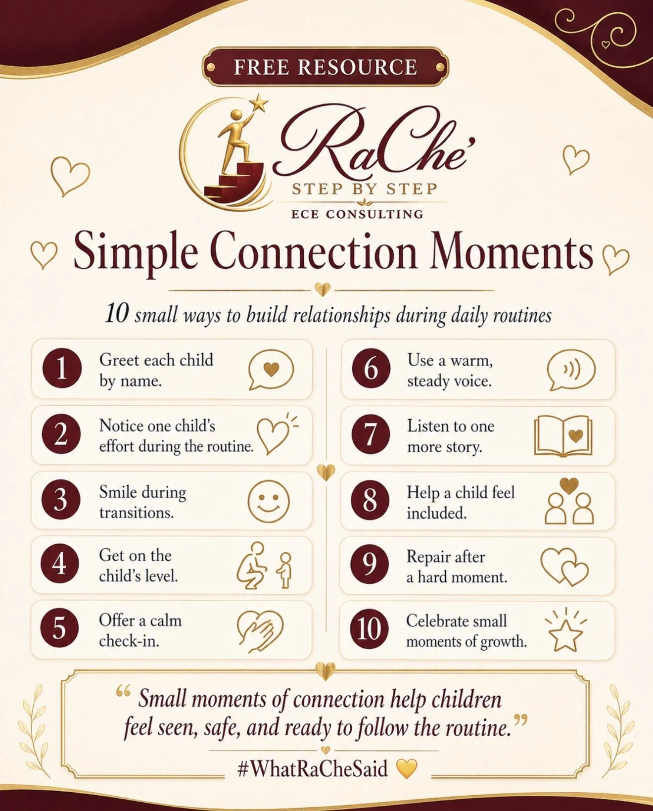 Connection Before Correction resource with ten ways educators can connect with children before redirecting behavior.