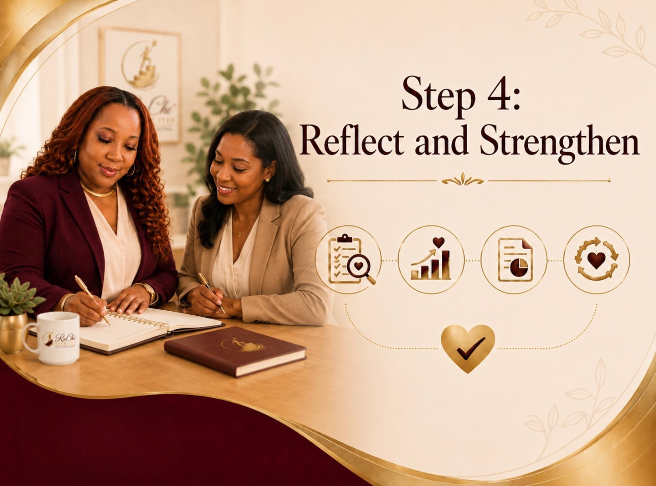 RaChe’ Step by Step ECE Consulting step four, Reflect and Strengthen, showing a meeting-style reflection conversation to review progress and strengthen systems.