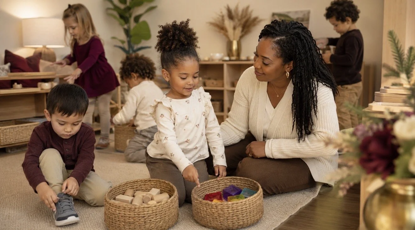 Educator supports a young child making choices during classroom play while other children practice independence nearby.