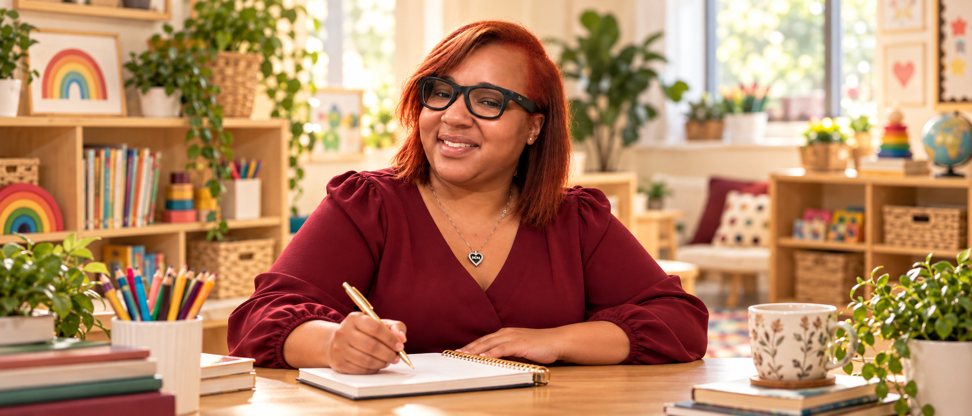 RaChe’ seated at a classroom table with a notebook in an early childhood learning environment