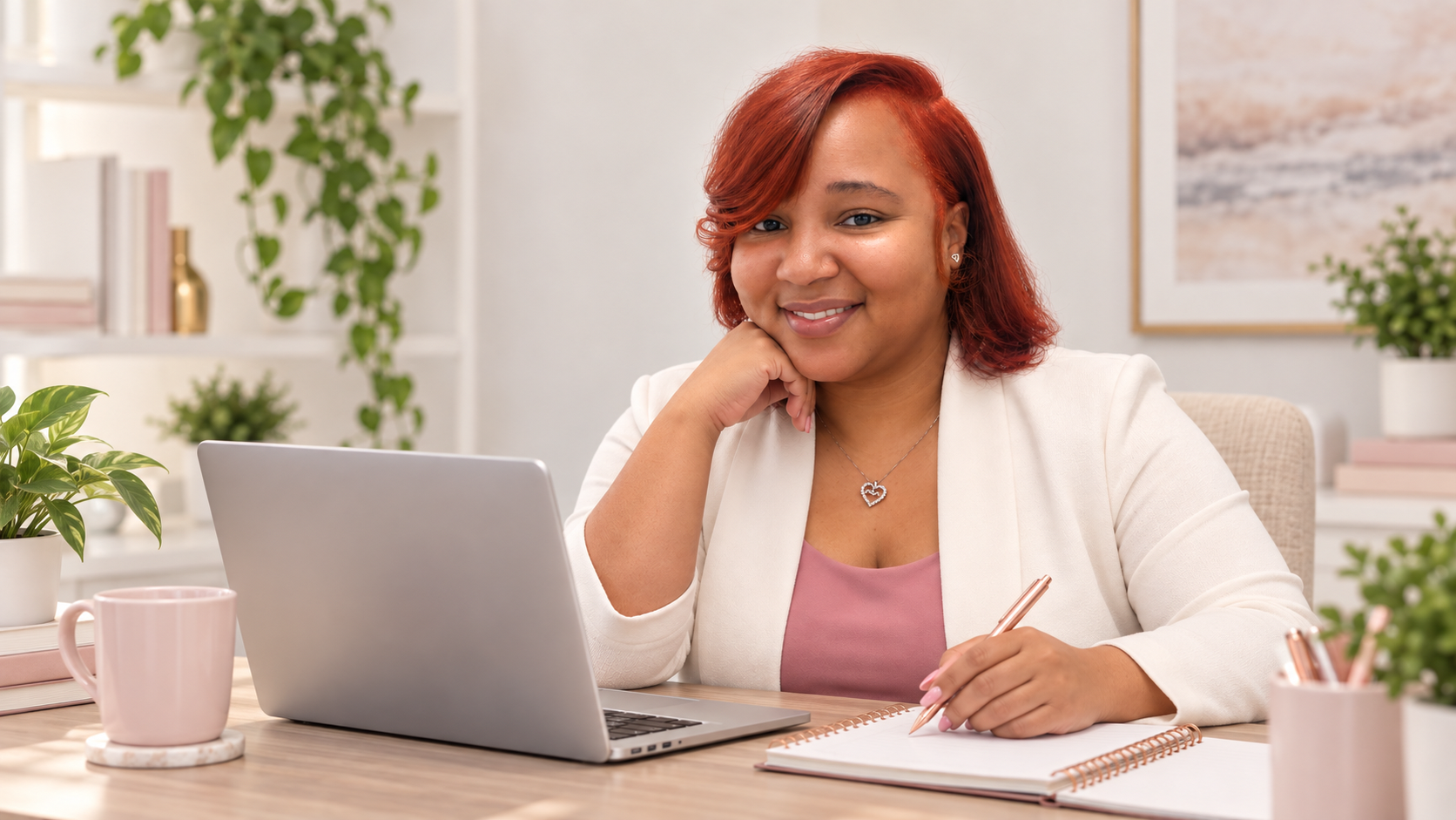 RaChe’ seated in a warm professional workspace with a laptop and planning materials, reflecting on training, facilitation, and professional learning.