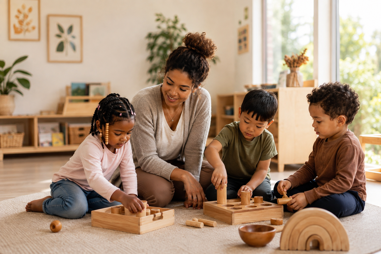 An early childhood educator sits beside three preschool-aged children as they explore open-ended wooden materials together in a warm classroom.
