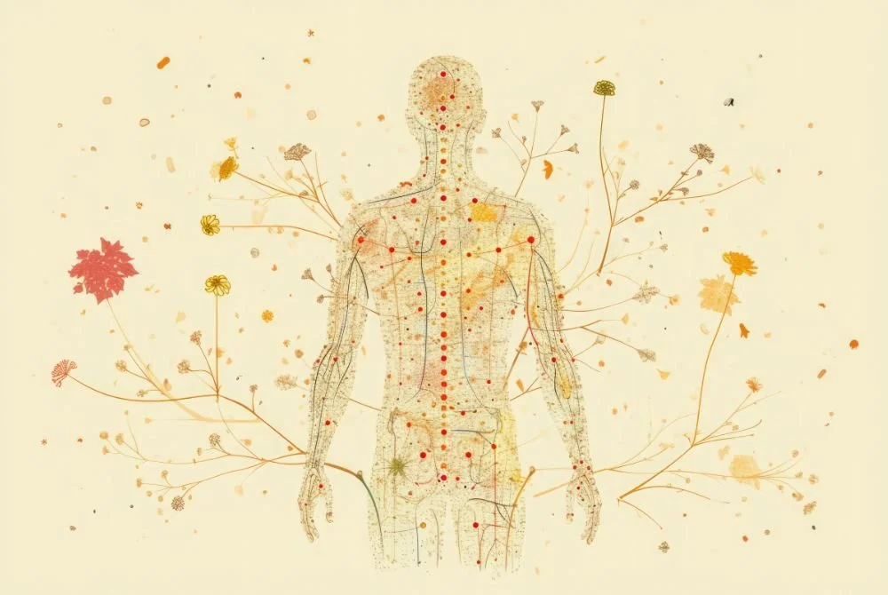 An illustration of a human body with acupuncture points marked, surrounded by decorative flowers and leaves.