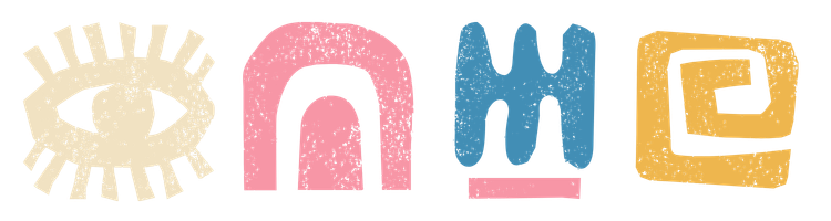 Colorful abstract shapes resembling a sun, an arch, a letter M, and a square spiral.