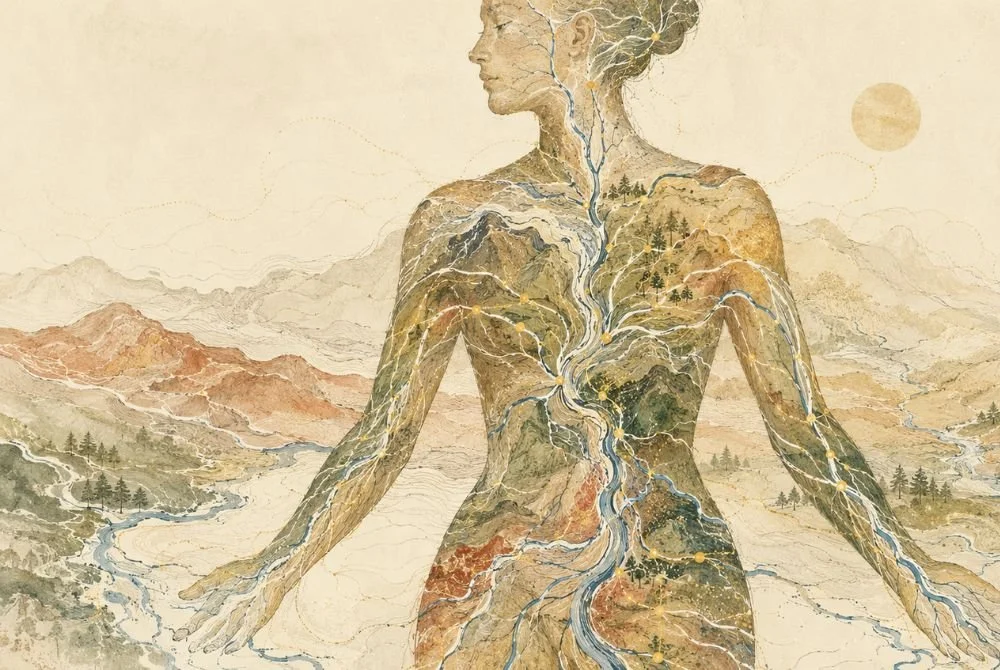 An artistic depiction of a human body with a landscape and waterways inside, symbolizing inner nature and vitality.