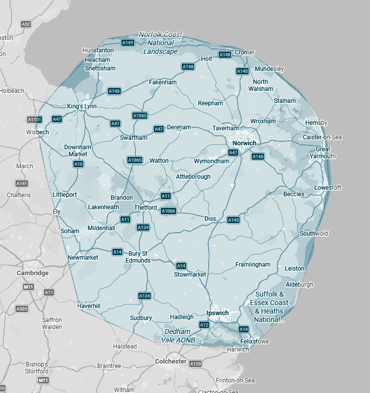 Service area map showing Norfolk and East Anglia coverage for Hill Communications.