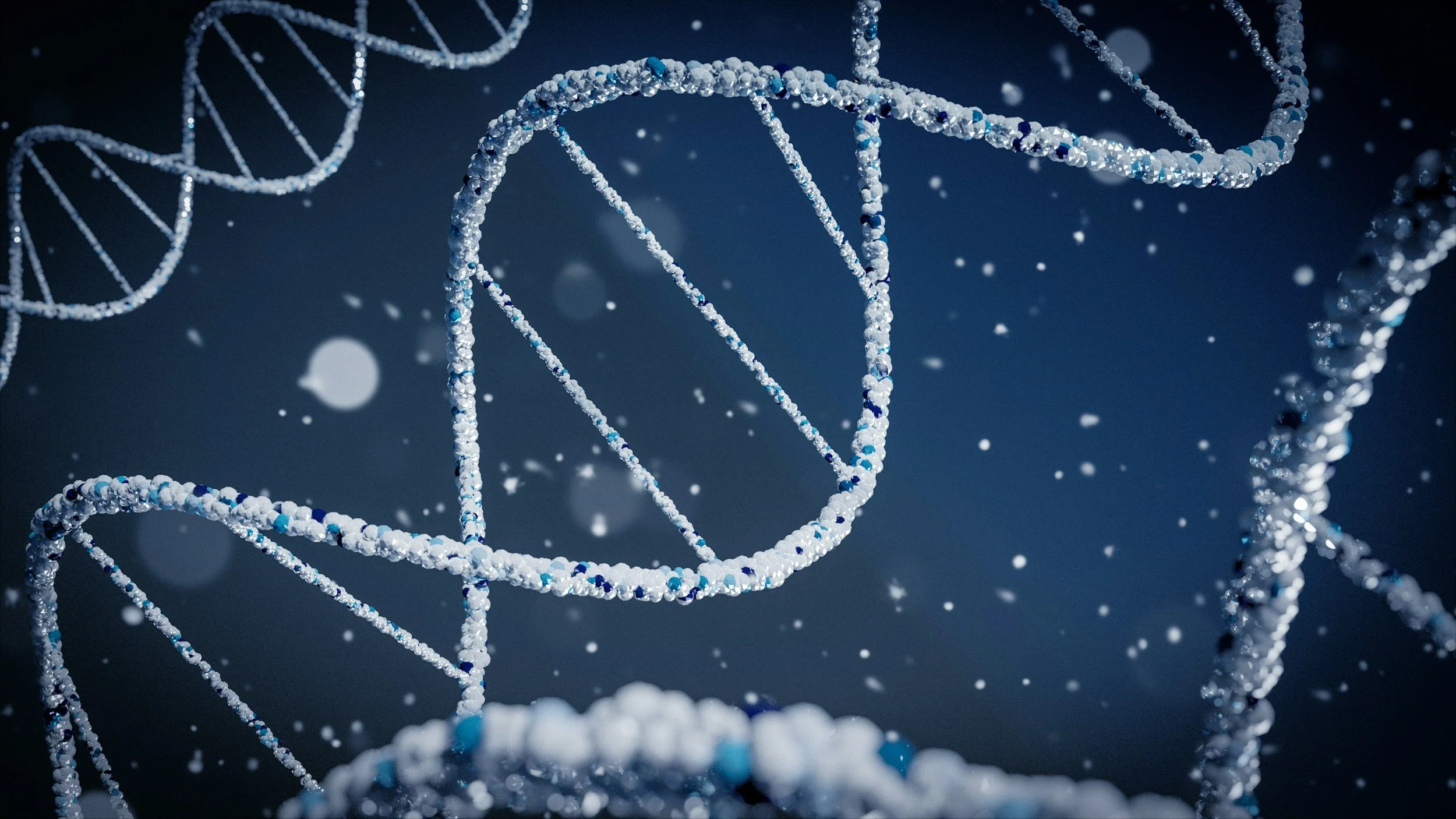 Close-up of a 3D DNA double helix model made of sparkling beads and lights, floating against a dark background.