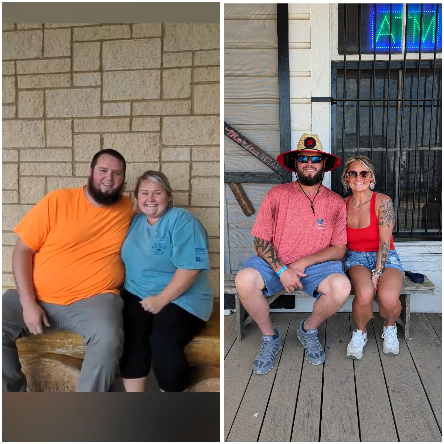 Side-by-side photos of a man and woman posing together, smiling. In the left photo, they are sitting on a wooden bench against a brick wall, wearing casual shirts. In the right photo, they are sitting on a wooden bench in front of a building with a neon sign that reads 'OPEN,' and the man is wearing a wide-brimmed straw hat and sunglasses.