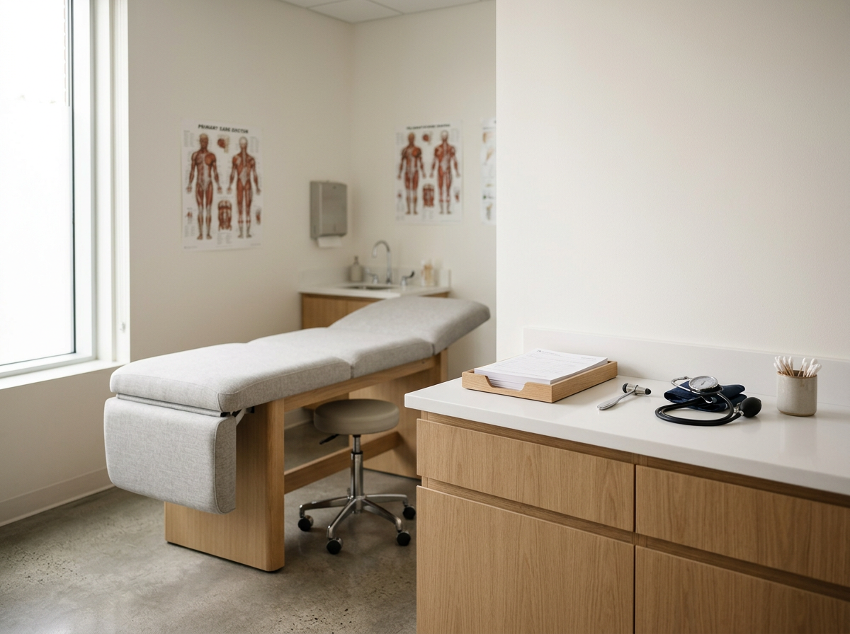 Medical examination room with examination table, medical posters, stethoscope, clipboard, and medical supplies.