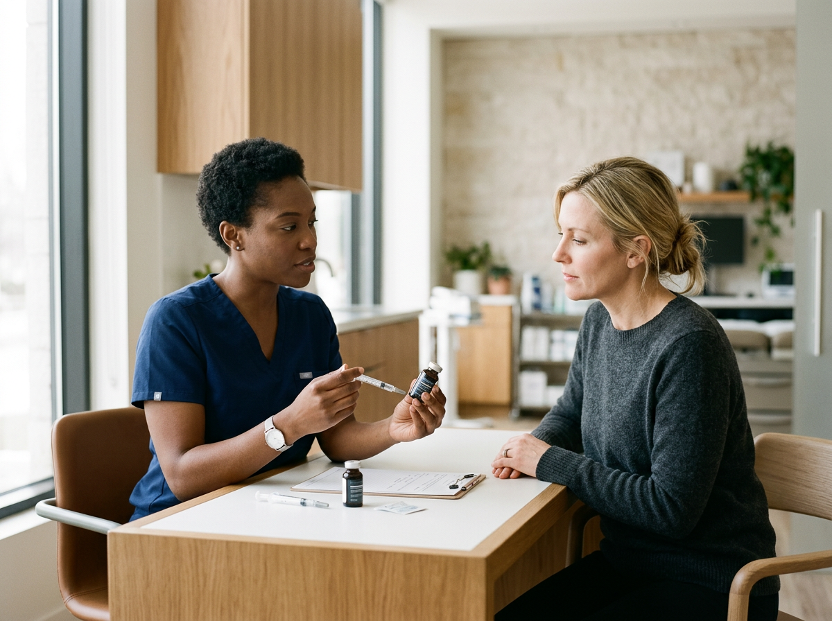 Healthcare professional in navy scrubs showing medication bottle to woman in a kitchen or dining area.