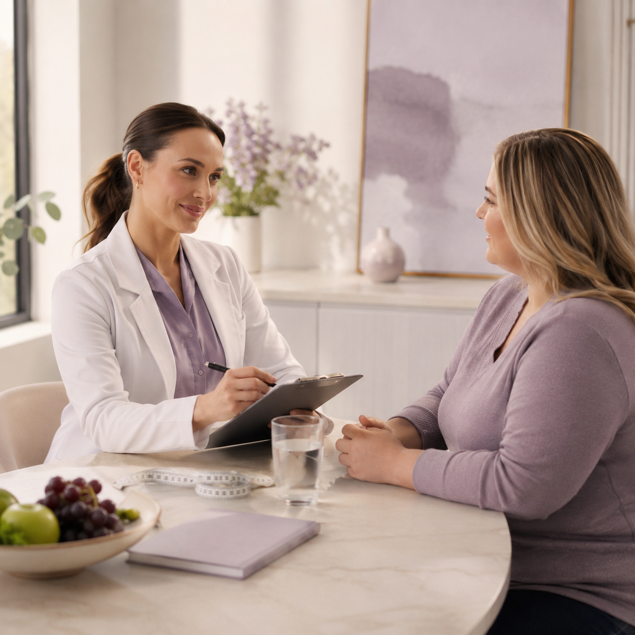 A female doctor in a white coat is talking to a woman with blonde hair in a purple sweater during a consultation in a bright room with a window, flowers, and artwork in the background. There are fruit, a notebook, and a glass of water on the table.