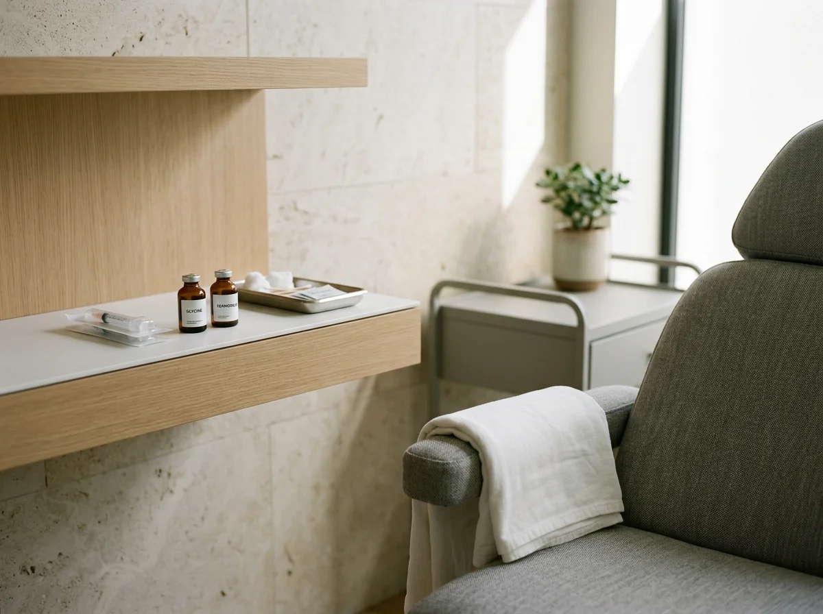 Medical hospital room with an armchair, a towel draped over the armrest, a bedside table with a potted plant, and a wall-mounted shelf holding medication bottles, a syringe, and medical supplies.