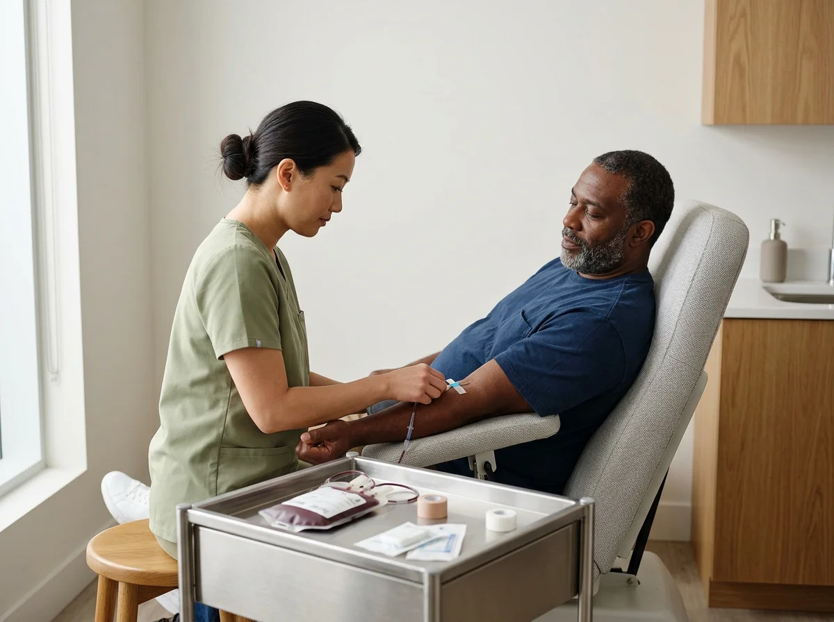 A nurse preparing to draw blood from a man's arm in a medical clinic.