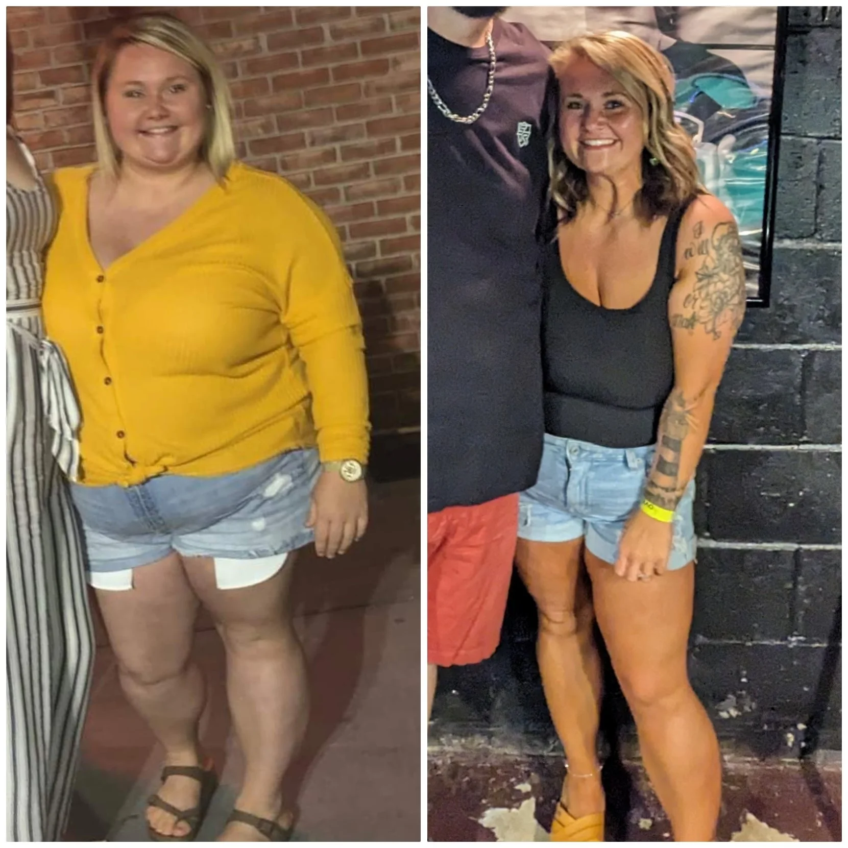 Side-by-side photos of a woman with blonde hair, wearing casual summer outfits. In the left photo, she is dressed in a yellow top and denim shorts, standing against a brick wall. In the right photo, she is wearing a black tank top and denim shorts, standing next to a person with tattoos, in front of a dark background.