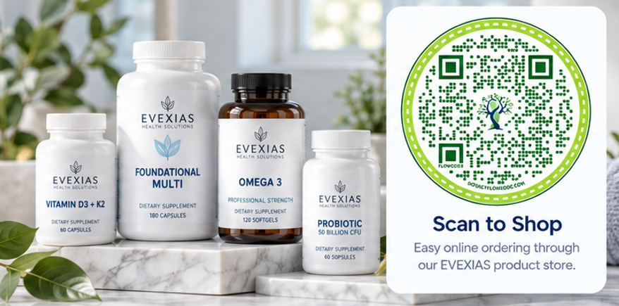 Assortment of EVEXIAS health supplements, including Vitamin D3 + K2, Foundational Multi, Omega 3, and Probiotic bottles, with a green QR code for online shopping on a white card.