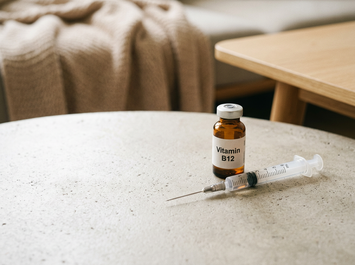 A small amber glass bottle labeled 'Vitamin B12' and a syringe are placed on a white textured surface.