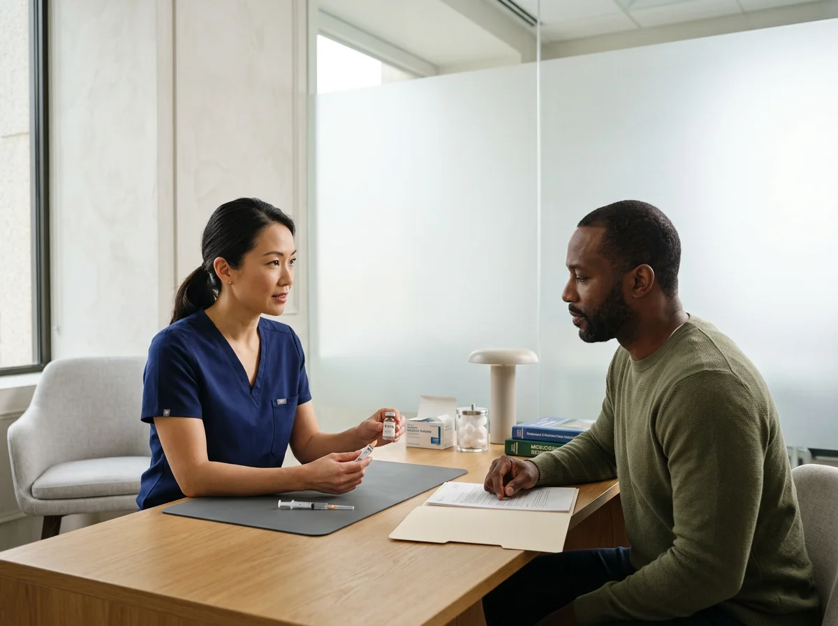 A nurse in blue scrubs holding a vial and syringe, sitting at a table with a man in a green sweater, in a medical consultation room.