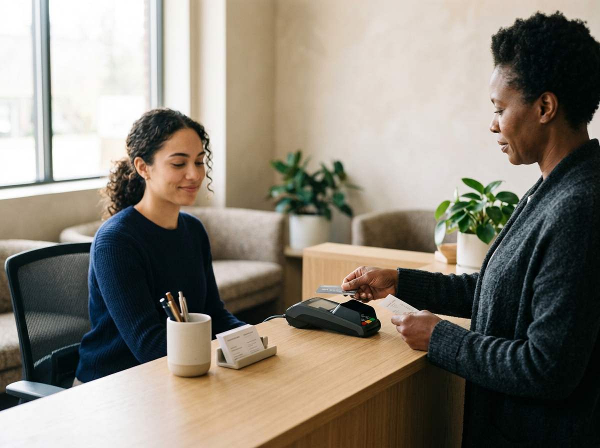 Woman at reception desk paying with a credit card, receptionist holding the card and receipt, office with plants in background.