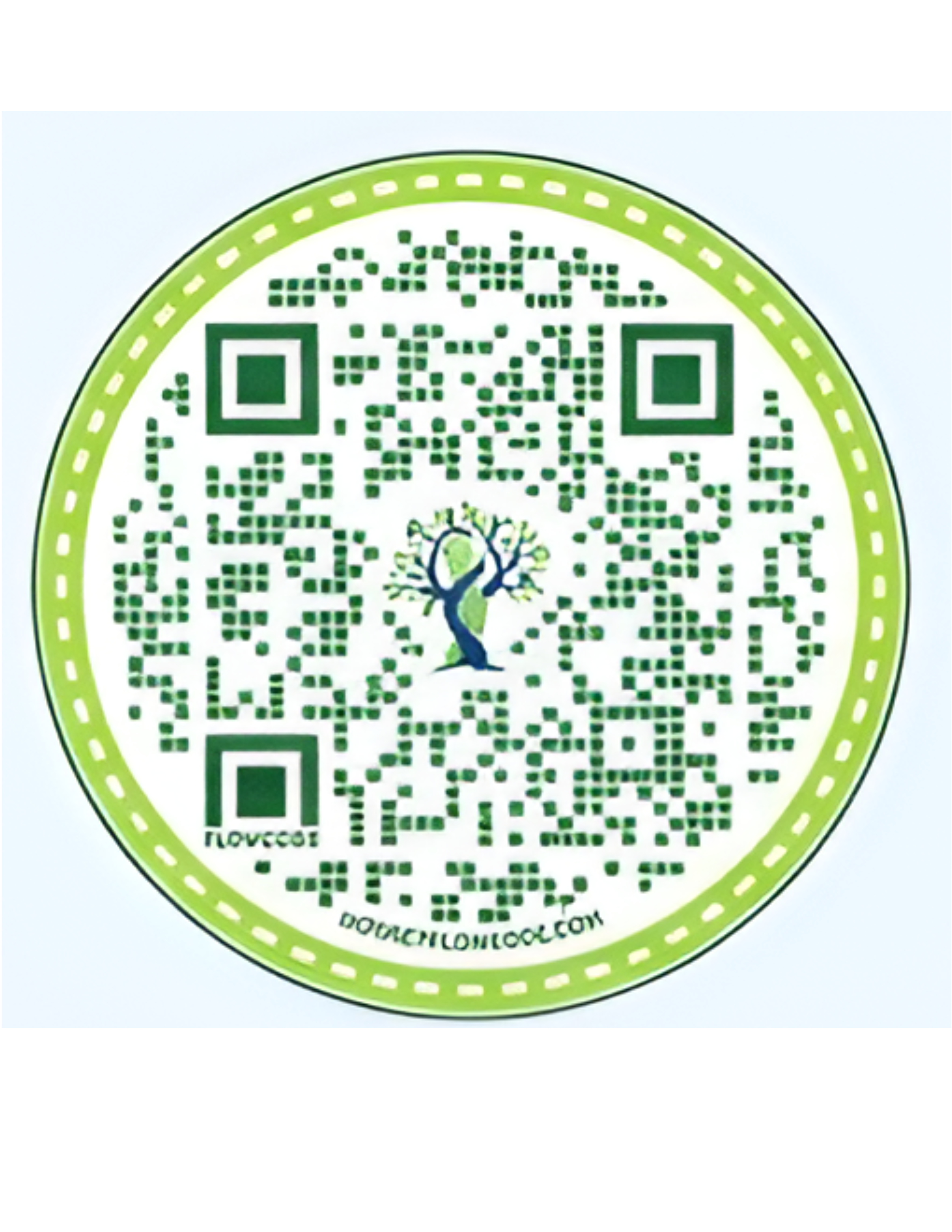 A green and white circular QR code sticker with a small tree illustration in the center. The sticker has a green dotted border and the website URL 'Doughdough.com' at the bottom.