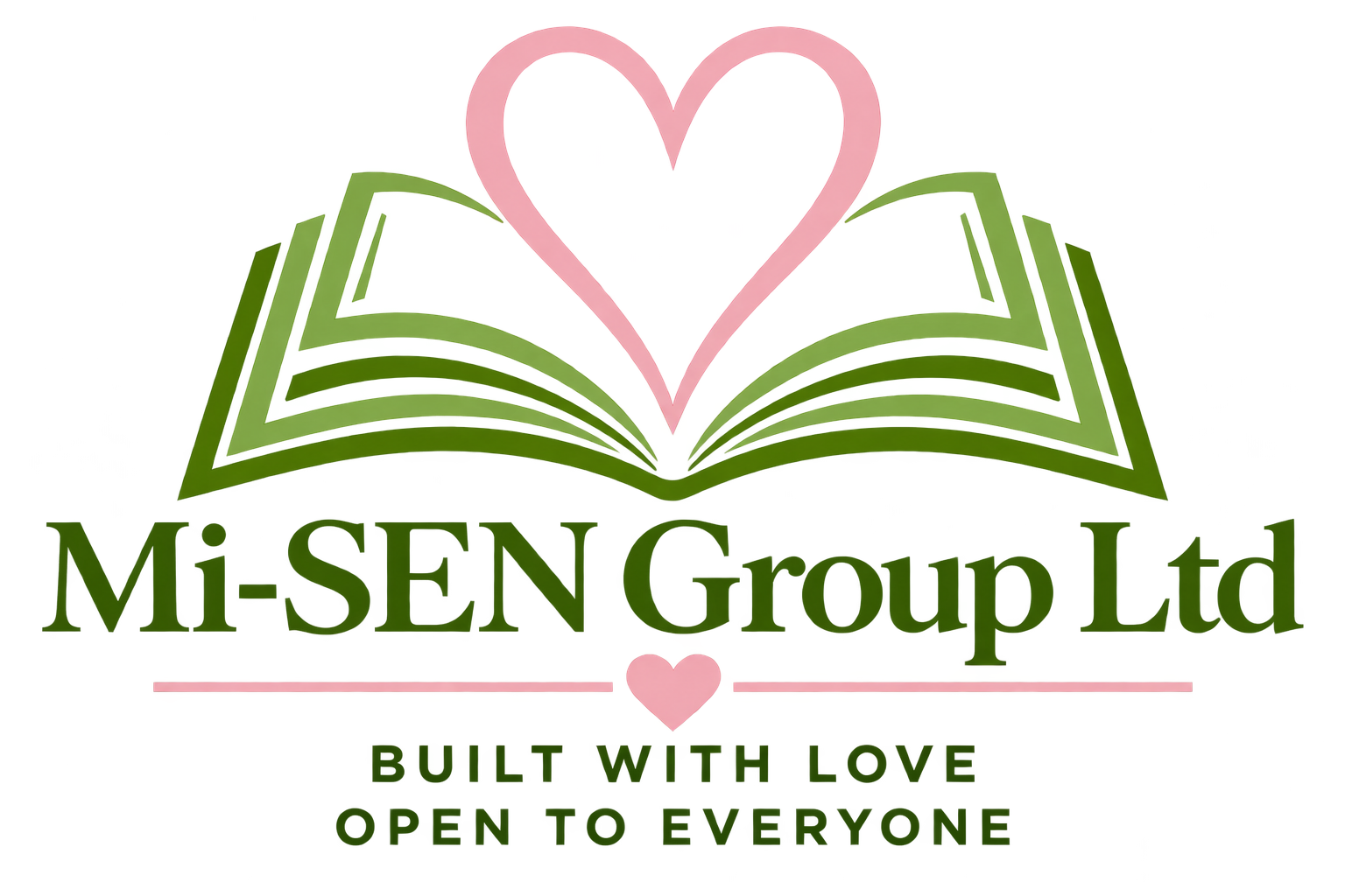 Mi-SEN Group Ltd logo: a pink heart above an open green book, with the words Built With Love, Open To Everyone