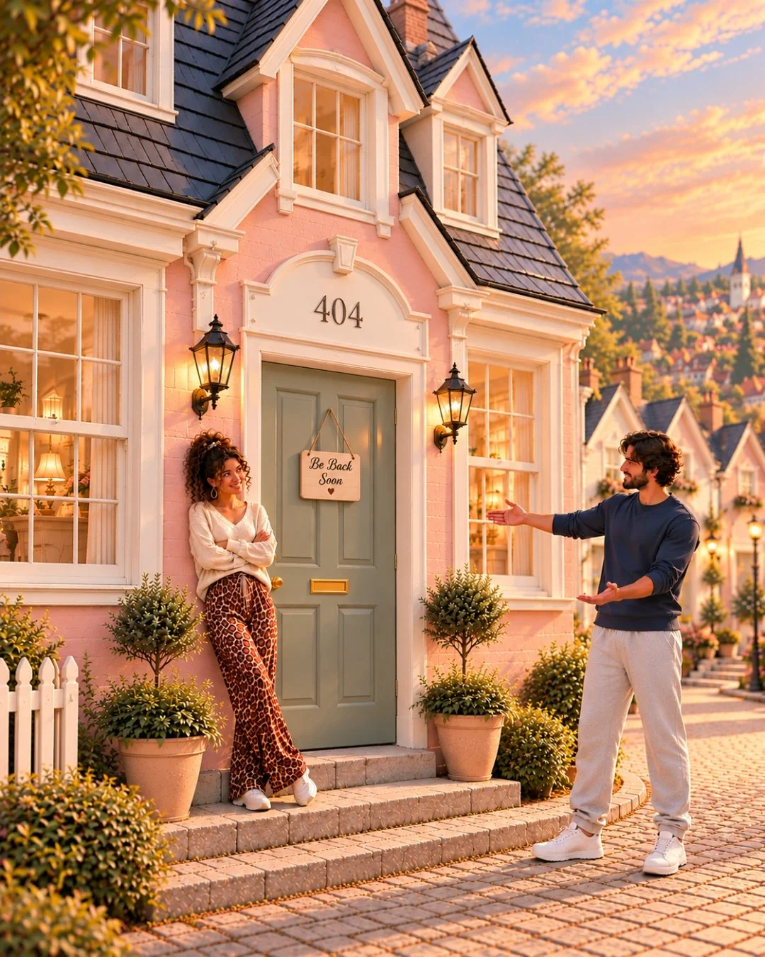 Illustration of a woman leaning against a pink house with the number 404 on it, while a man gestures towards the door, where a Be Back Soon sign hangs.
