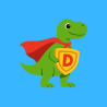 Cartoon of a green dinosaur wearing a red cape and holding a shield with the letter D