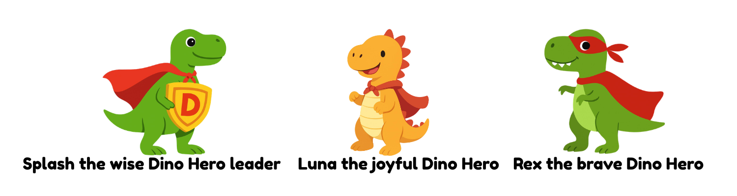 Cartoon image of three dinosaurs with superhero costumes and capes. The green dinosaur on the left is the leader, holding a shield with the letter D. The middle dinosaur is orange, smiling, and called Luna. The right dinosaur is green with a red bandana and mask, called Rex.