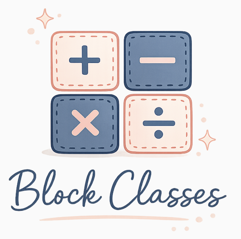 An illustration featuring four math operation symbols inside square buttons: plus, minus, times, and divide, with the words "Block Classes" written below.