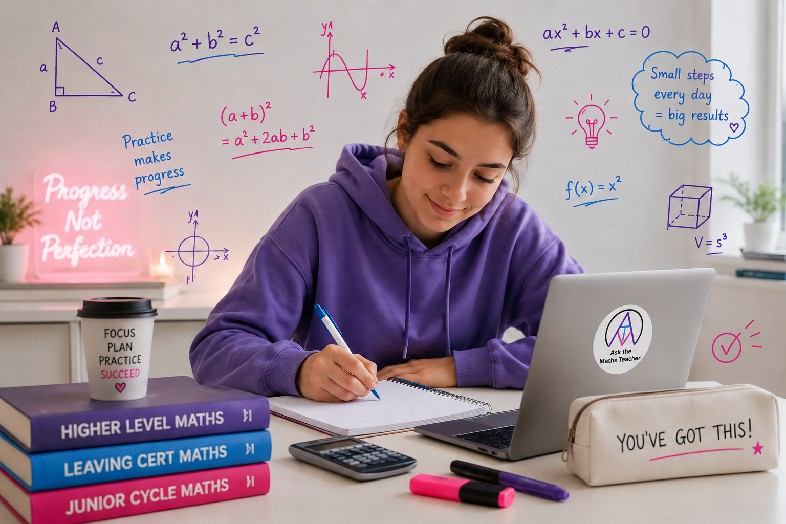 Young woman studying at a desk with a laptop, notebooks, and colorful markers in a bright room with mathematical formulas and motivational quotes on the wall, including "Progress Not Perfection" and "You've Got This."